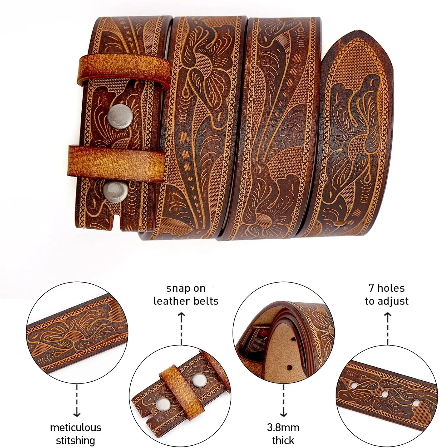 BISON DENIM Western Genuine Leather Belts for Men without Buckle Cowboy Belt 1.5" Belt for Jeans