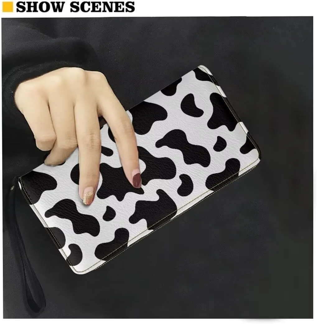 Black Cow Spots Leather Wallet Long Wallet Zip Around Wallet Fashion Travel Business Shopping Money Clips Handbag Purse for Women Men