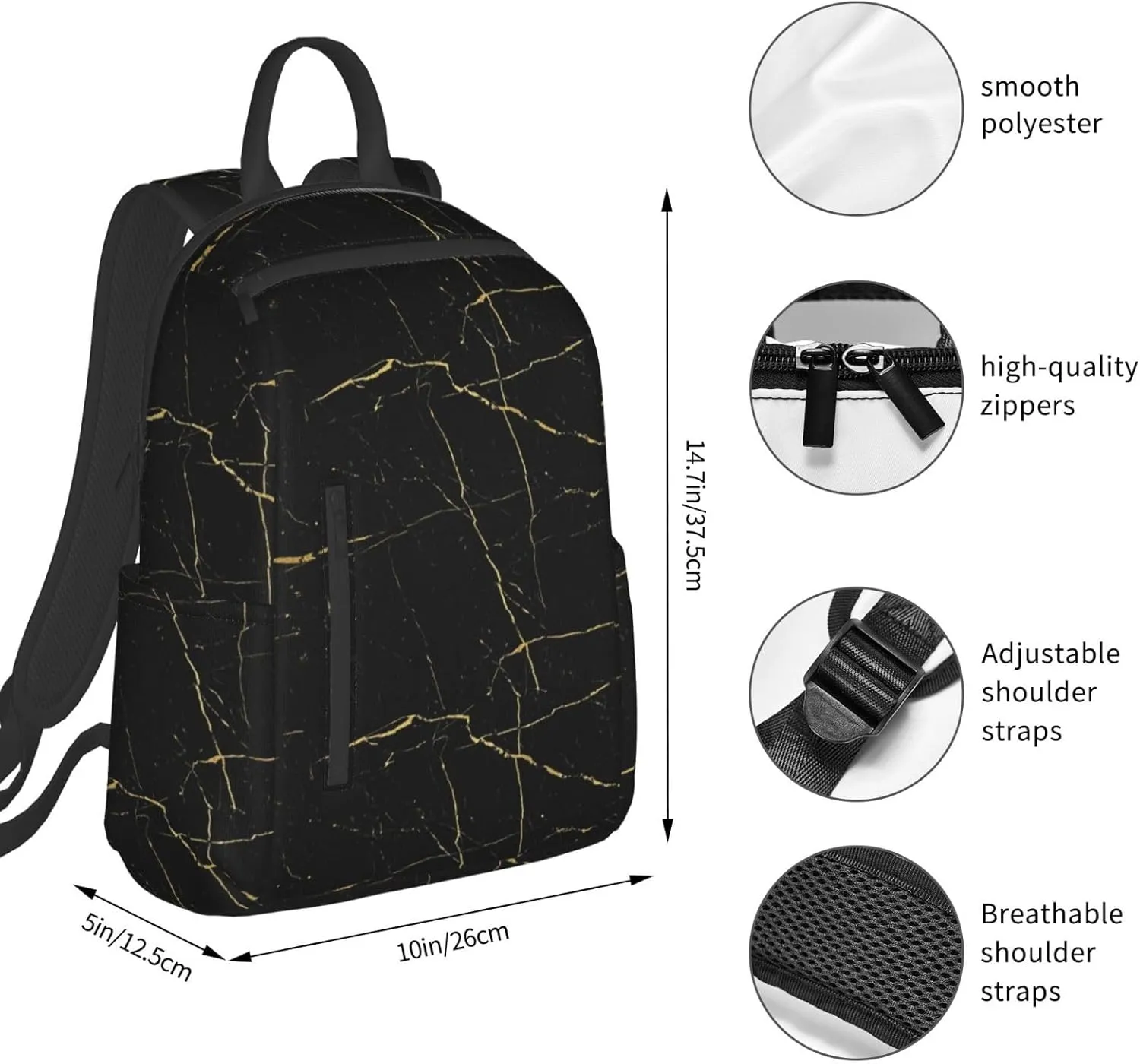 Black Gold Marble backpack book bags for college lightweight laptop backpacks for Men Women