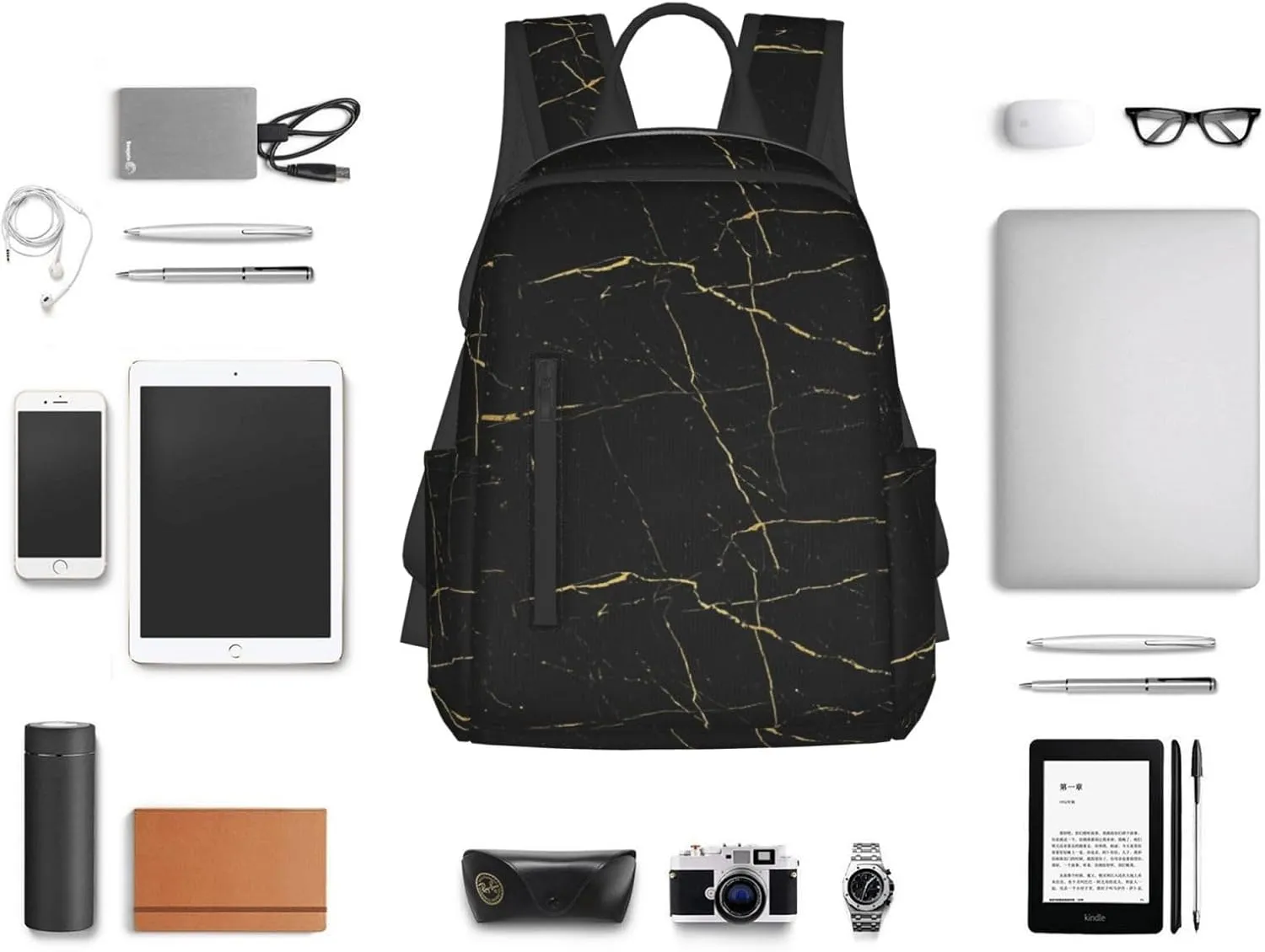 Black Gold Marble backpack book bags for college lightweight laptop backpacks for Men Women