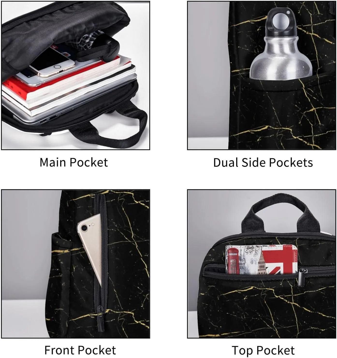 Black Gold Marble backpack book bags for college lightweight laptop backpacks for Men Women