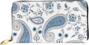 Blue Ethnic Paisley Pattern Leather Wallet Credit Card Holder Wallet Fashion Wristlet Wallet Clutch Purse For Women And Men