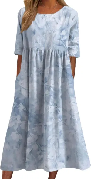 Bohemian Floral Print Dresses for Women Summer Fashion Casual Short Sleeve Loose V Neck Flowy Maxi Dress with Pockets