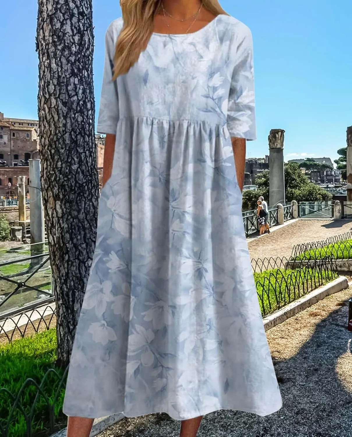 Bohemian Floral Print Dresses for Women Summer Fashion Casual Short Sleeve Loose V Neck Flowy Maxi Dress with Pockets