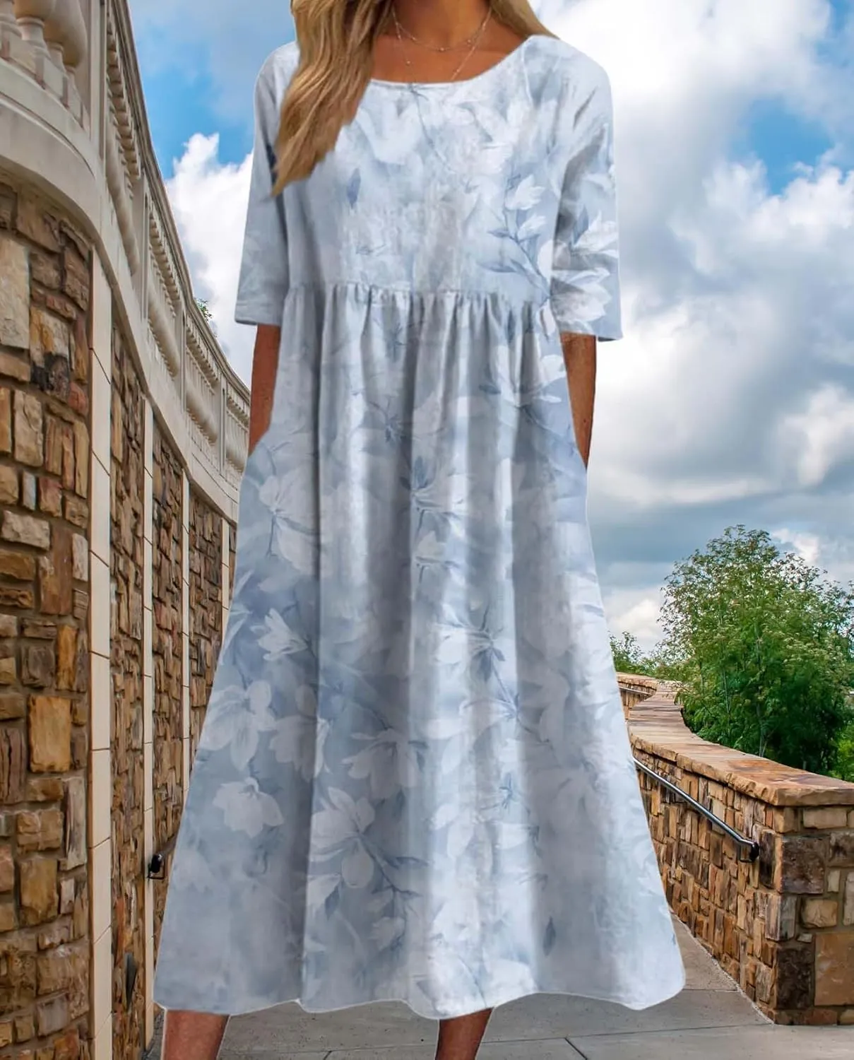 Bohemian Floral Print Dresses for Women Summer Fashion Casual Short Sleeve Loose V Neck Flowy Maxi Dress with Pockets