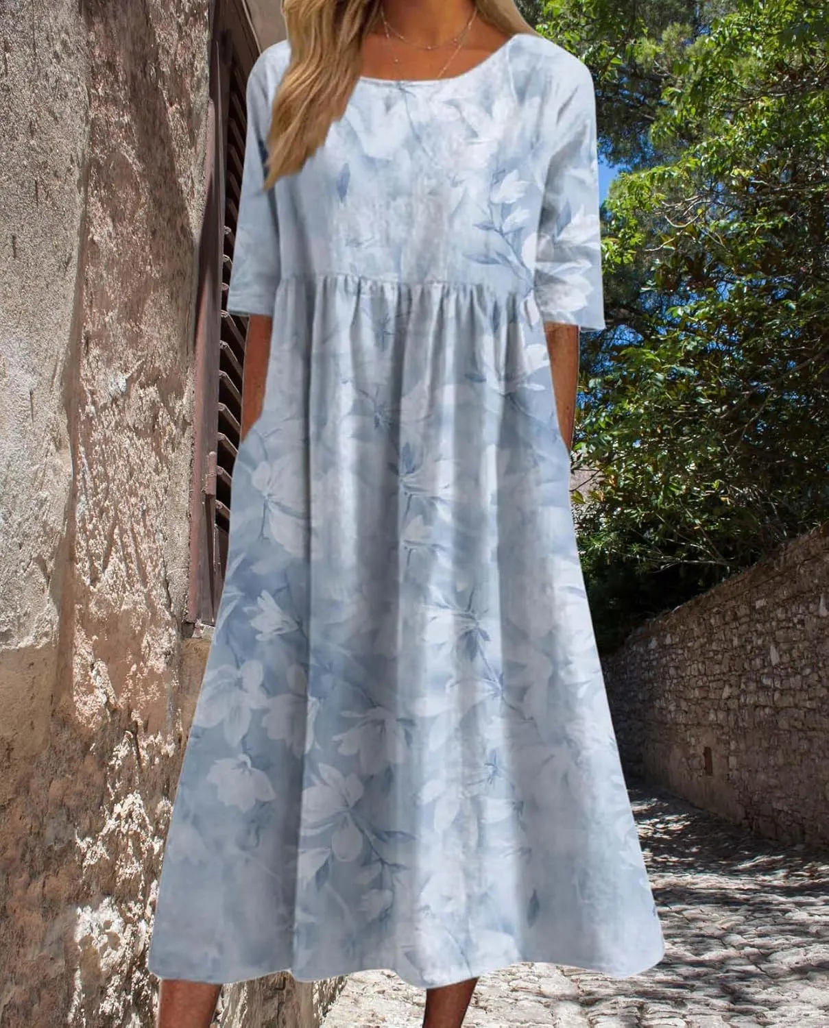 Bohemian Floral Print Dresses for Women Summer Fashion Casual Short Sleeve Loose V Neck Flowy Maxi Dress with Pockets