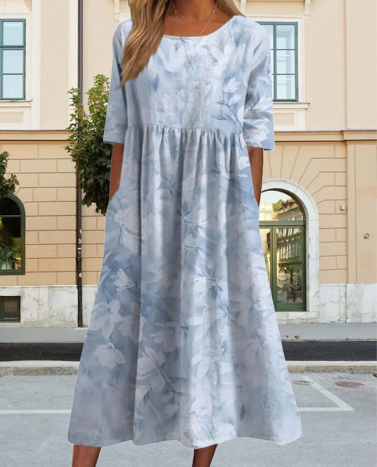 Bohemian Floral Print Dresses for Women Summer Fashion Casual Short Sleeve Loose V Neck Flowy Maxi Dress with Pockets