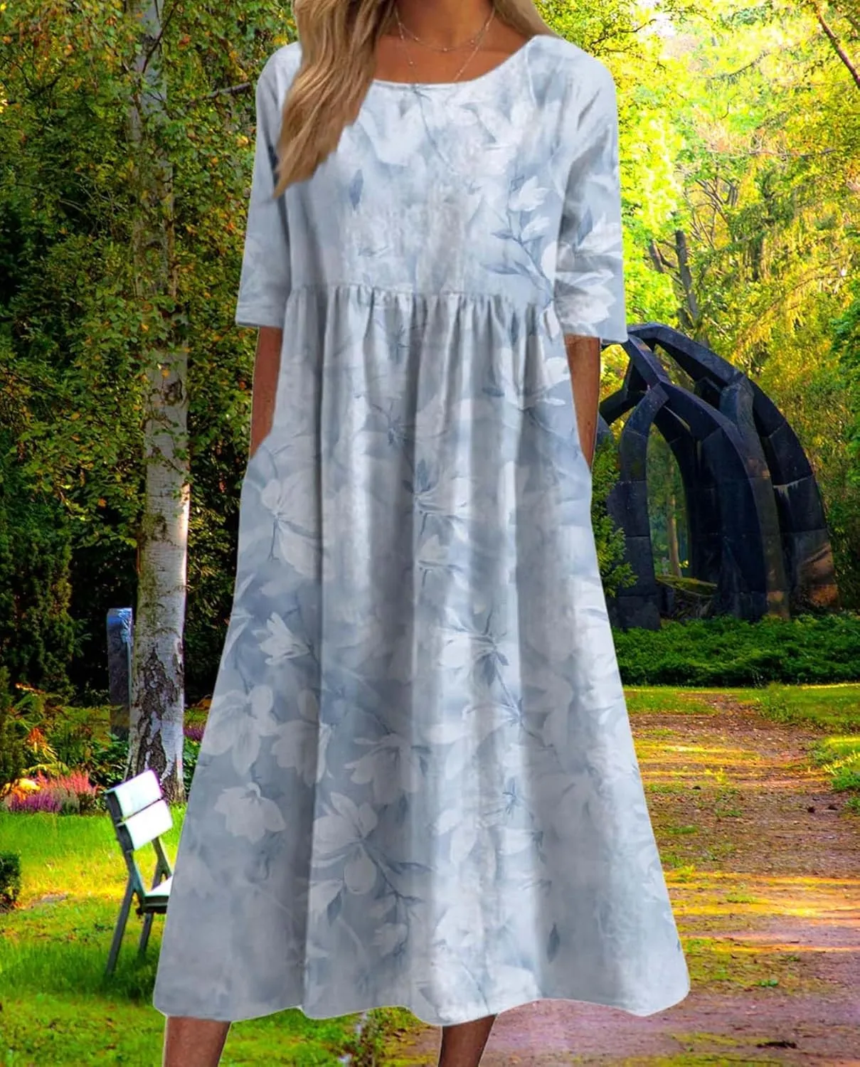 Bohemian Floral Print Dresses for Women Summer Fashion Casual Short Sleeve Loose V Neck Flowy Maxi Dress with Pockets