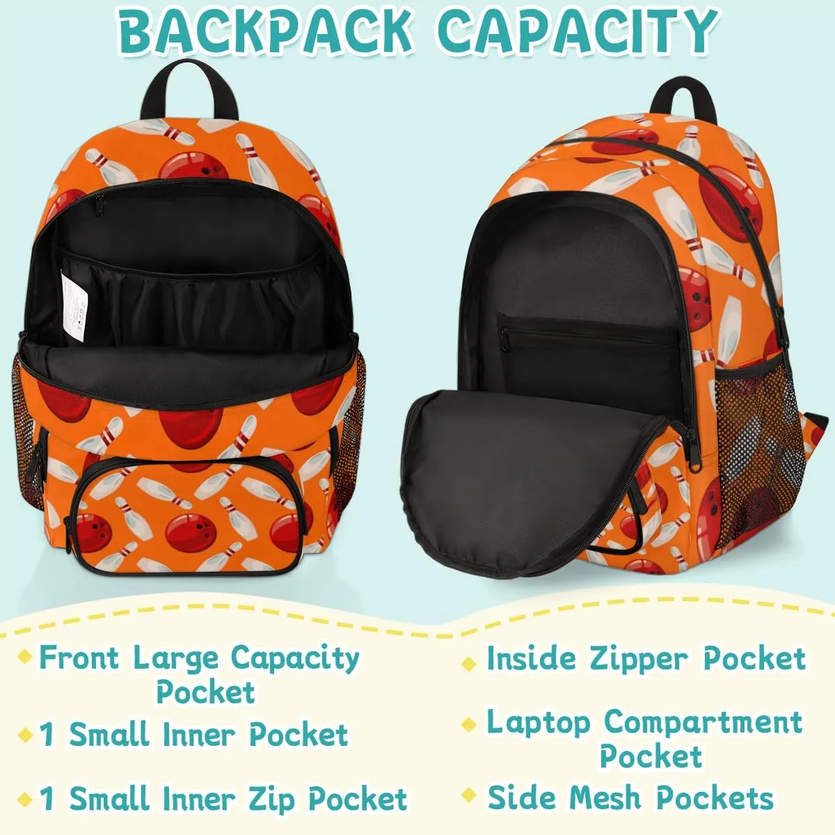 Bowling Ball Laptop Backpack for Women Men, Orange Work Travel Computer Backpacks, 18.3 Inch Large Computer Nurse Teacher Bags Casual Daypack