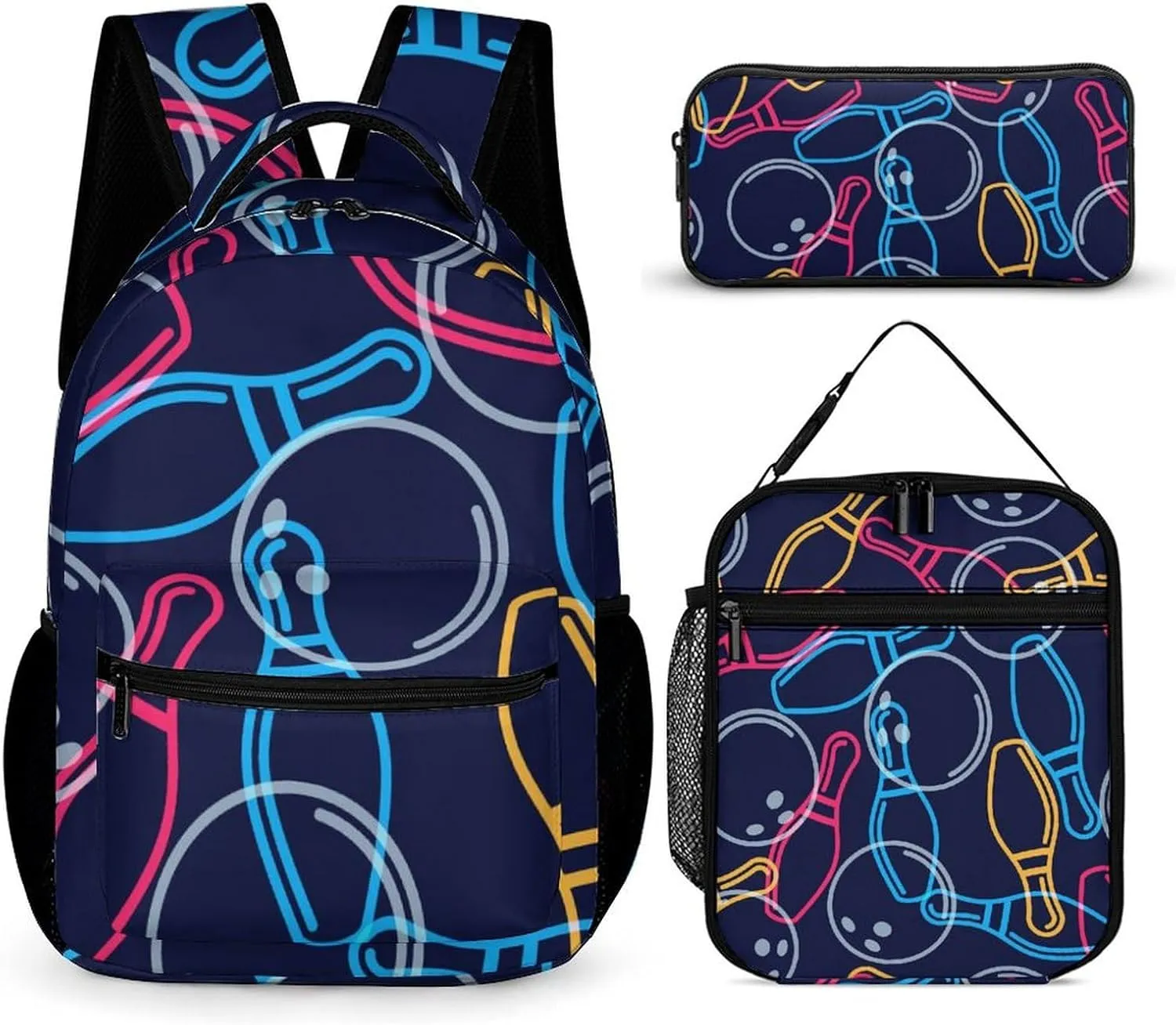 Bowling Pin Ball 3 Pcs Backpacks Set Combination 16 Travel Backpack Portable Lunch Bag Pencil Case for Unisex