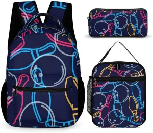 Bowling Pin Ball 3 Pcs Backpacks Set Combination 16 Travel Backpack Portable Lunch Bag Pencil Case for Unisex
