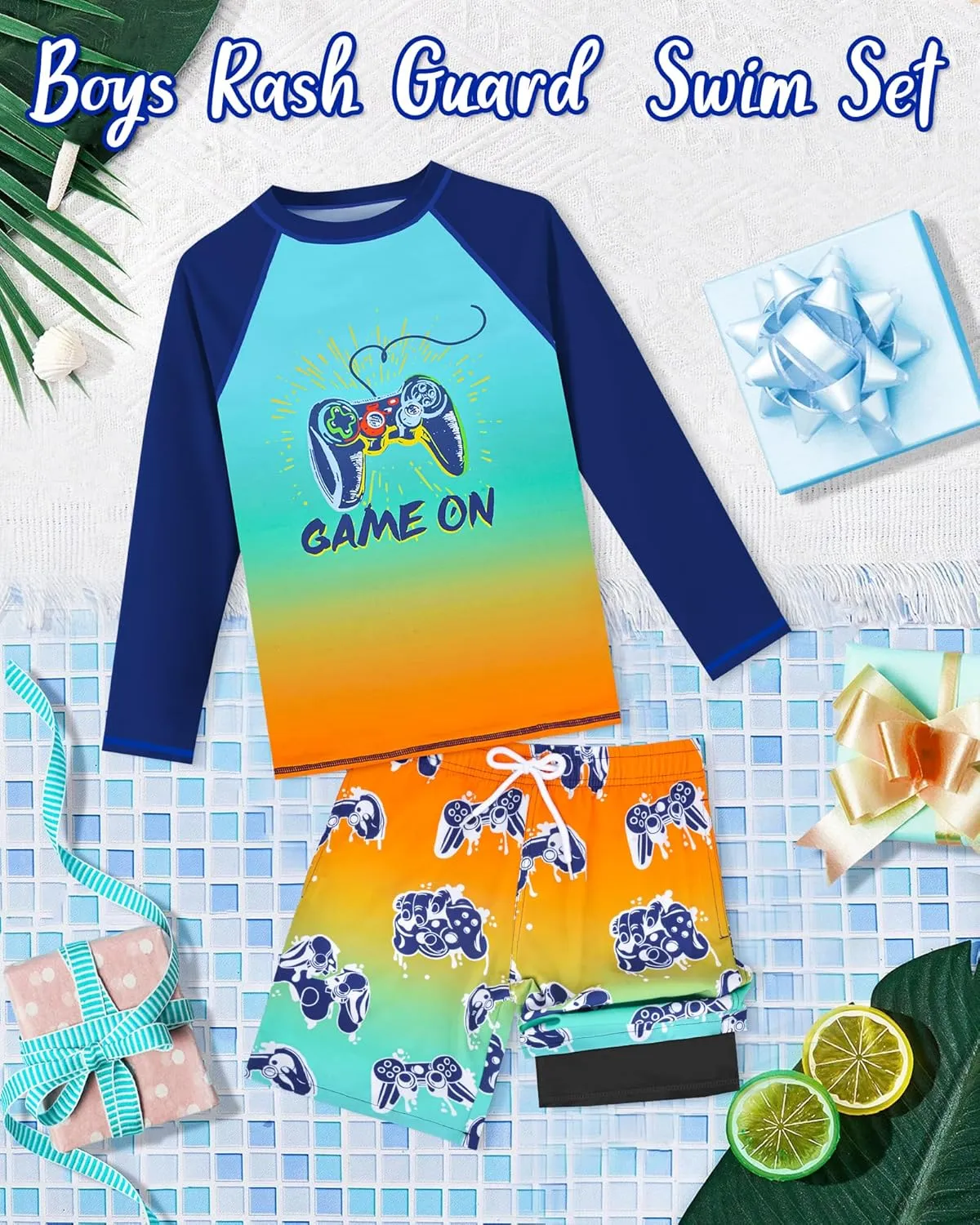 Boys Rash Guard Swim Set with Swim Trunks Bathing Suit Long Sleeve Swim Shirt Quick Dry Swimsuit Kids Swimwear Size 7-16