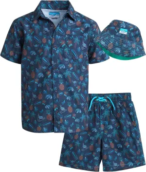 Boys Summer Shorts Set - 3 Piece Button Down Hawaiian Shirt, Swim Trunks, Bucket Hat - Boys Hawaiian Outfit, 5-14