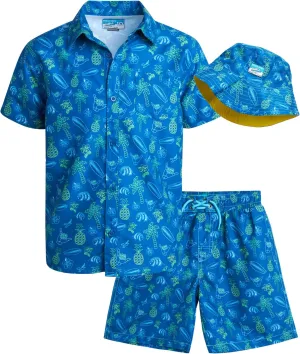 Boys Summer Shorts Set - 3 Piece Button Down Hawaiian Shirt, Swim Trunks, Bucket Hat - Boys Hawaiian Outfit, 5-14