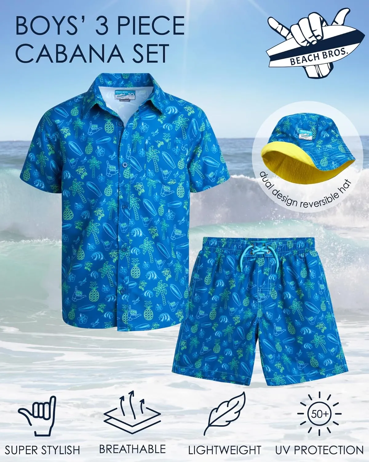 Boys Summer Shorts Set - 3 Piece Button Down Hawaiian Shirt, Swim Trunks, Bucket Hat - Boys Hawaiian Outfit, 5-14