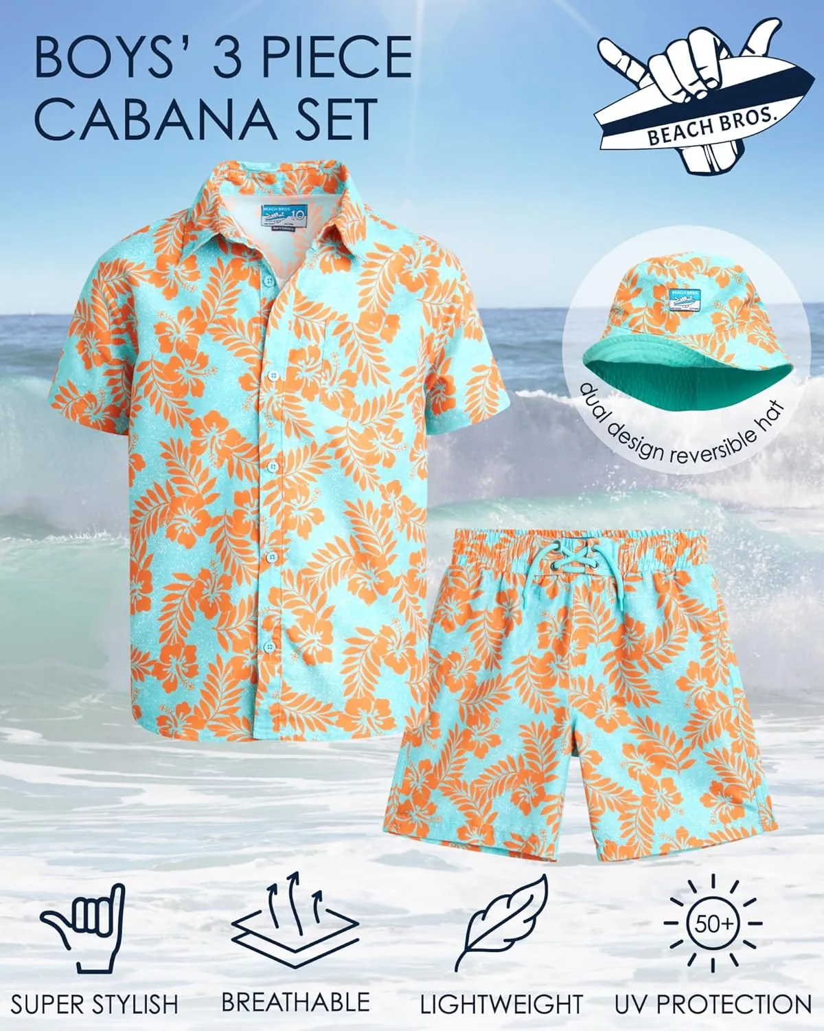 Boys Summer Shorts Set - 3 Piece Button Down Hawaiian Shirt, Swim Trunks, Bucket Hat - Boys Hawaiian Outfit, 5-14