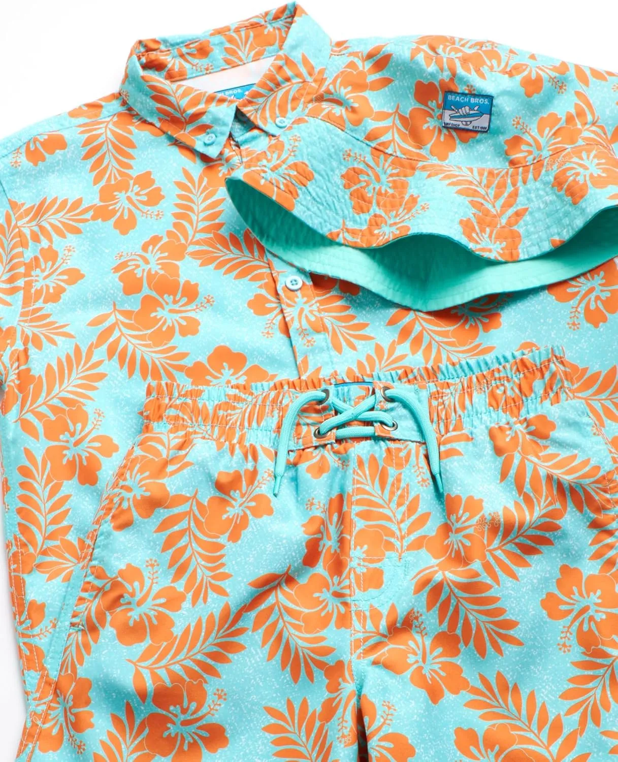 Boys Summer Shorts Set - 3 Piece Button Down Hawaiian Shirt, Swim Trunks, Bucket Hat - Boys Hawaiian Outfit, 5-14
