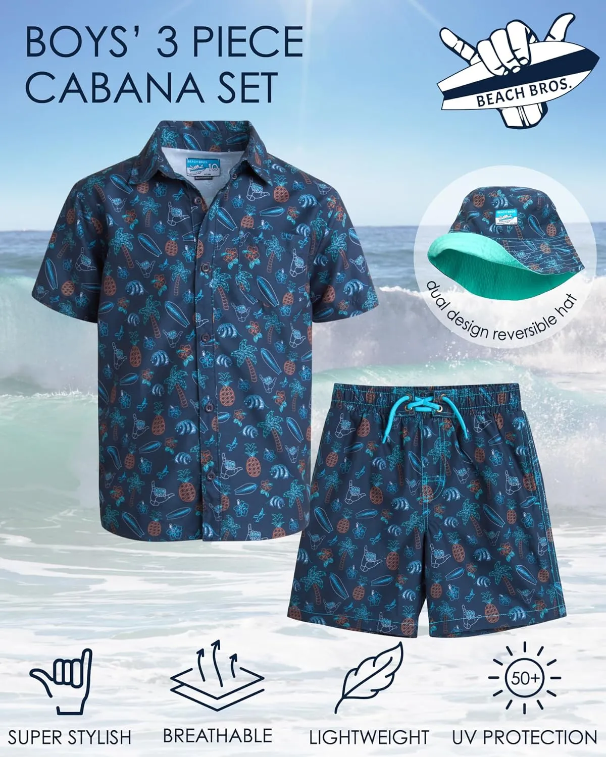 Boys Summer Shorts Set - 3 Piece Button Down Hawaiian Shirt, Swim Trunks, Bucket Hat - Boys Hawaiian Outfit, 5-14