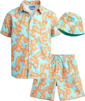 Boys Summer Shorts Set - 3 Piece Button Down Hawaiian Shirt, Swim Trunks, Bucket Hat - Boys Hawaiian Outfit, 5-14