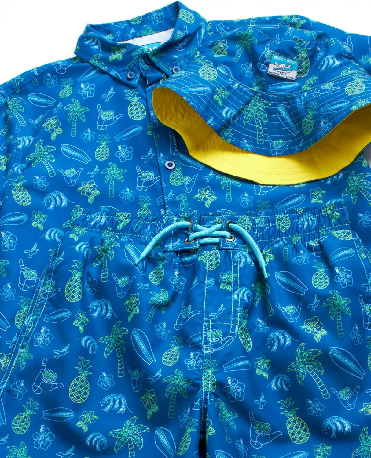 Boys Summer Shorts Set - 3 Piece Button Down Hawaiian Shirt, Swim Trunks, Bucket Hat - Boys Hawaiian Outfit, 5-14