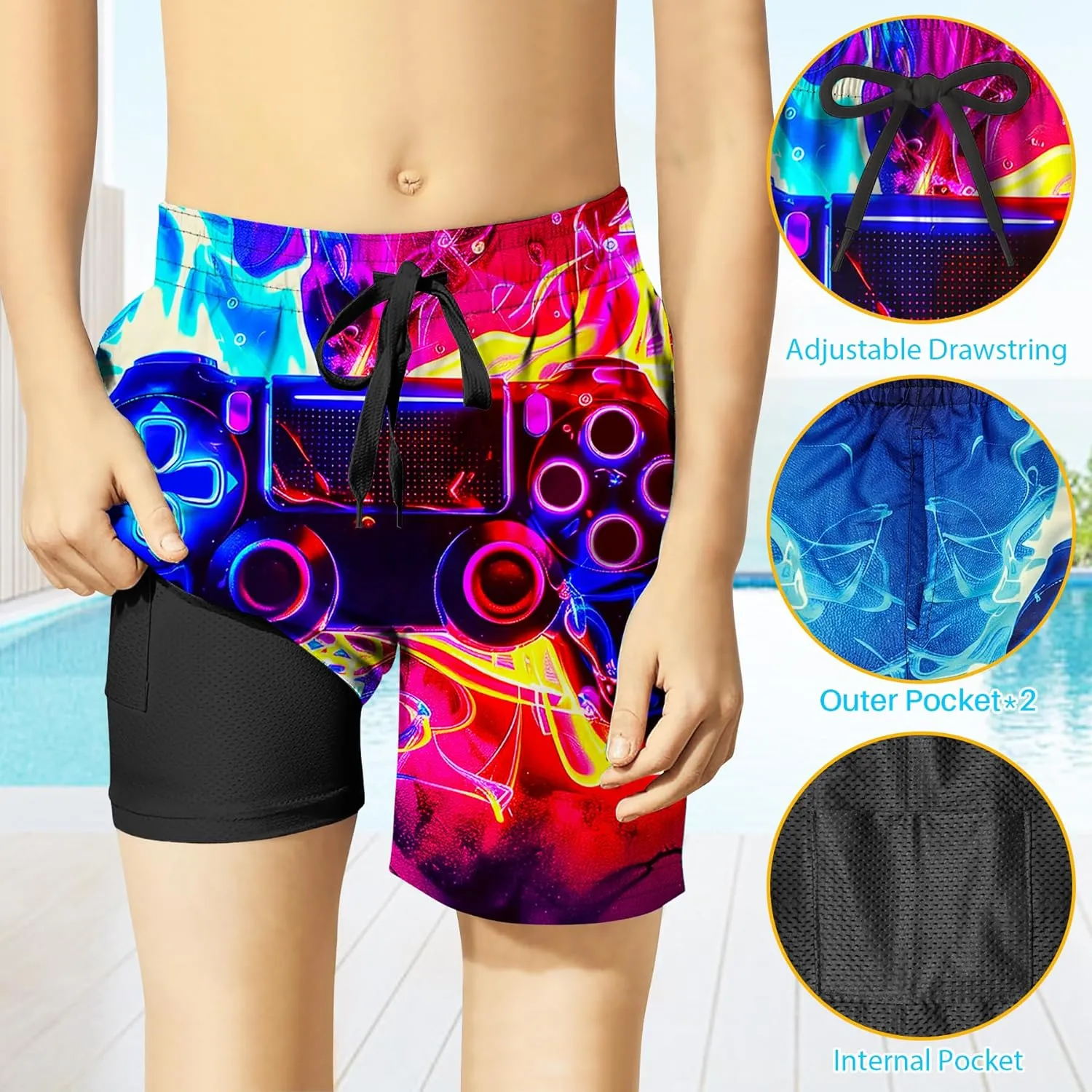 Boys Swim Trunks with Compression Liner for 7-16 Years,Quick-Dry Swim Shorts for Kids Teen,Sun Protection Swimming Trunks