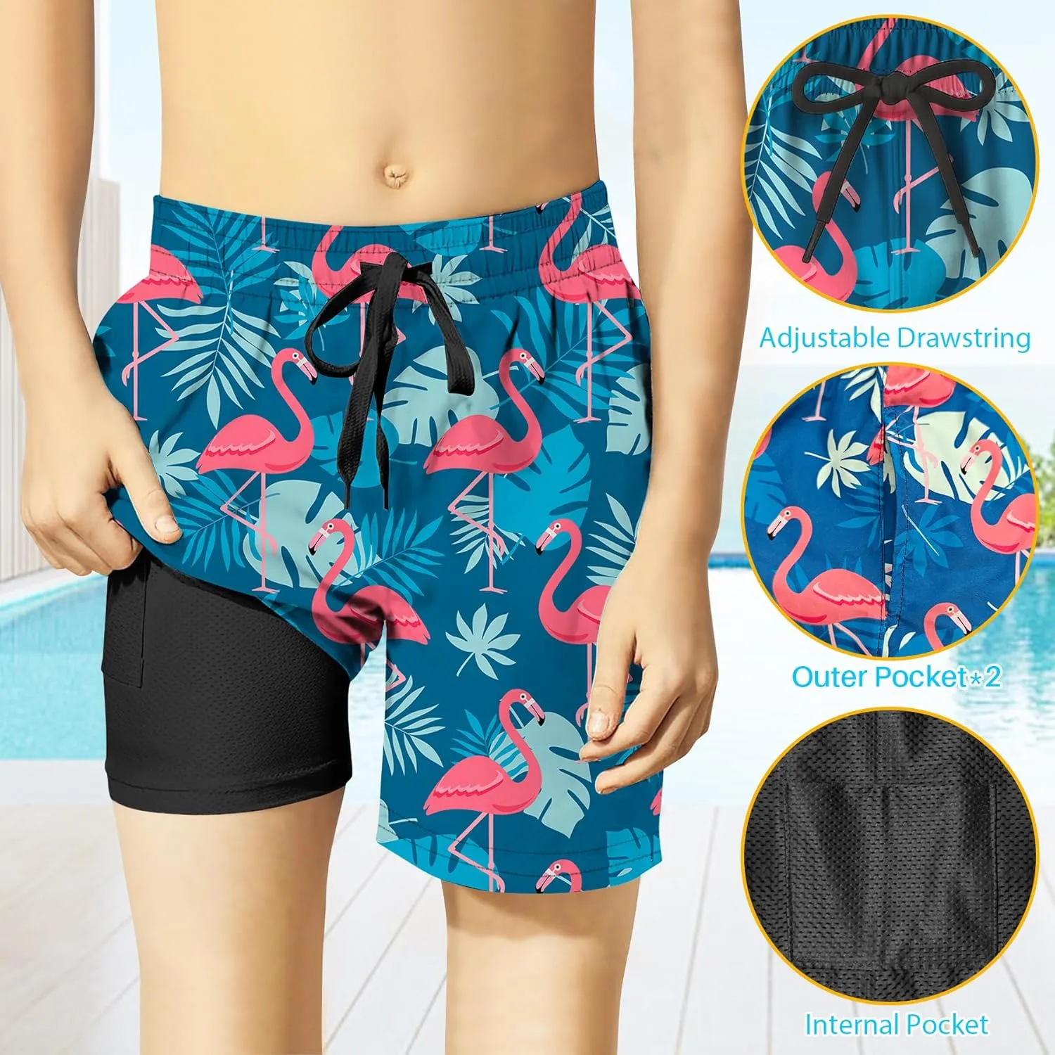 Boys Swim Trunks with Compression Liner for 7-16 Years,Quick-Dry Swim Shorts for Kids Teen,Sun Protection Swimming Trunks