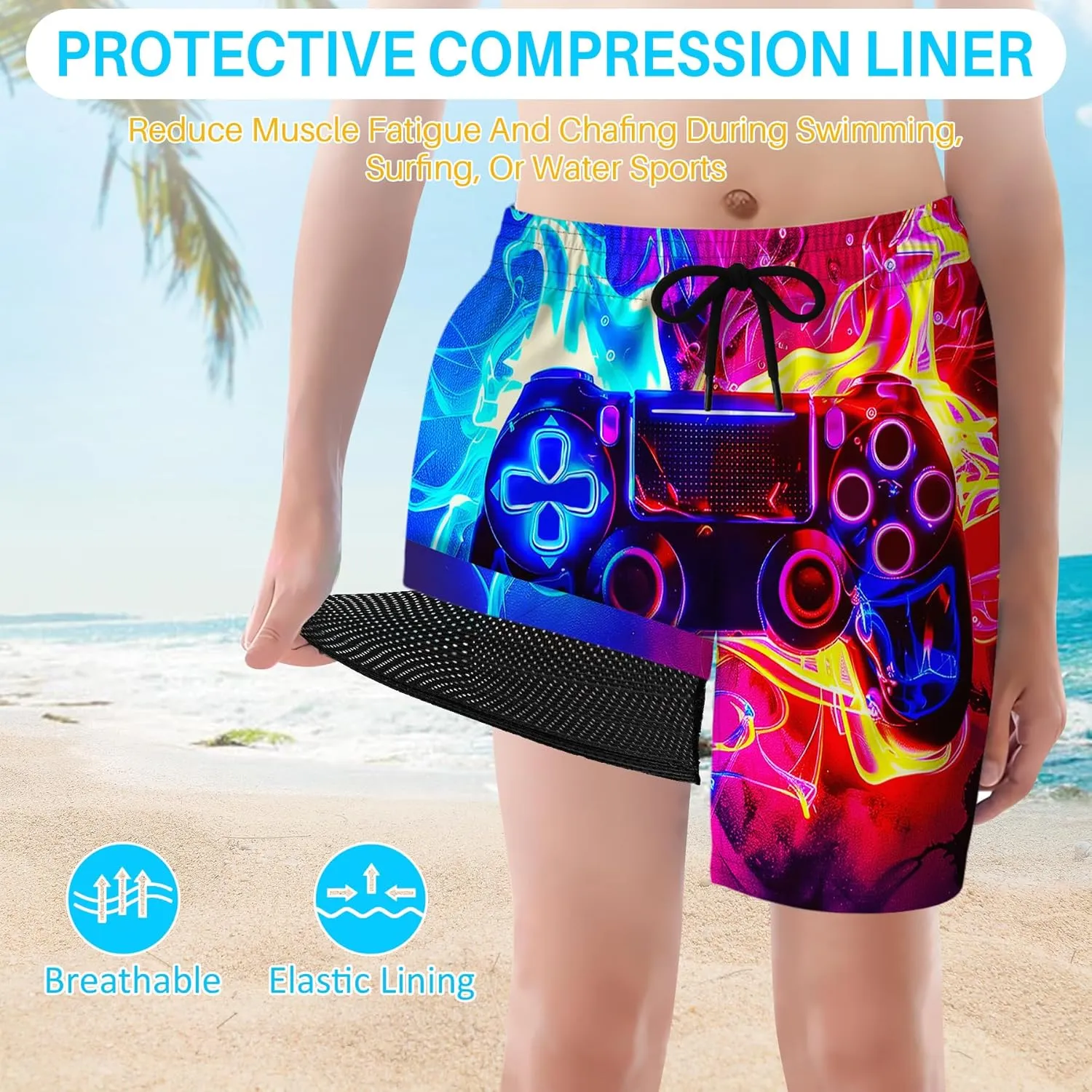 Boys Swim Trunks with Compression Liner for 7-16 Years,Quick-Dry Swim Shorts for Kids Teen,Sun Protection Swimming Trunks