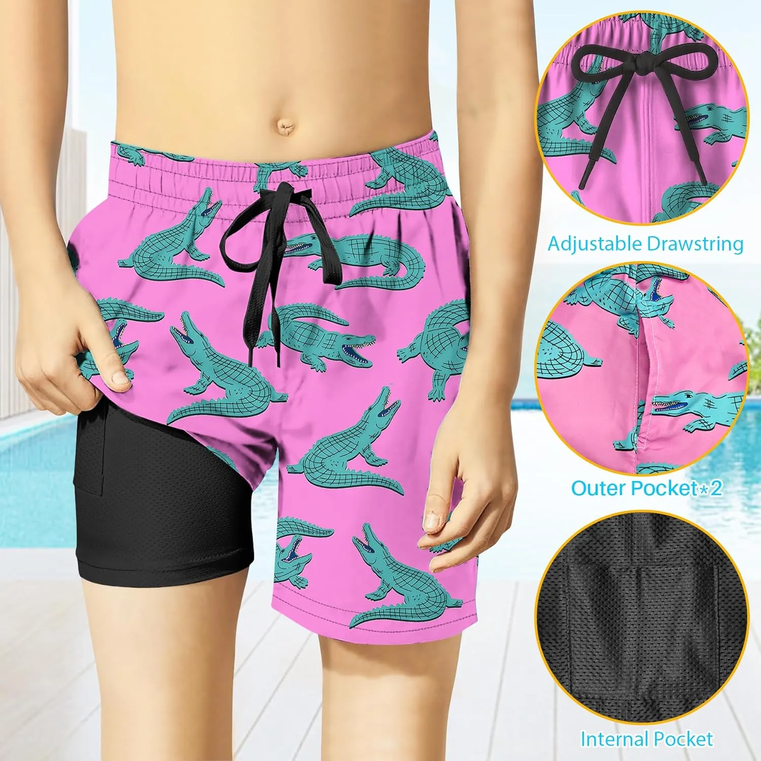 Boys Swim Trunks with Compression Liner for 7-16 Years,Quick-Dry Swim Shorts for Kids Teen,Sun Protection Swimming Trunks