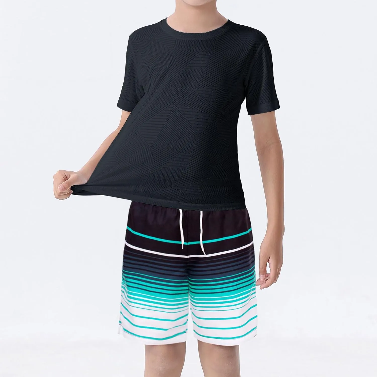 BoysRash Guard Set UPF 50  Short Sleeve Swim Shirt Quick Dry Bathing Suit Trunks Swimwear Size 8,10-12,14-16