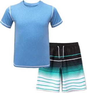 BoysRash Guard Set UPF 50  Short Sleeve Swim Shirt Quick Dry Bathing Suit Trunks Swimwear Size 8,10-12,14-16