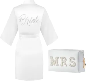 Bride Robe & Slippers Gift Set - I Do Bride Makeup Bag & Hair Clip - Wedding & Bridal Shower Gift