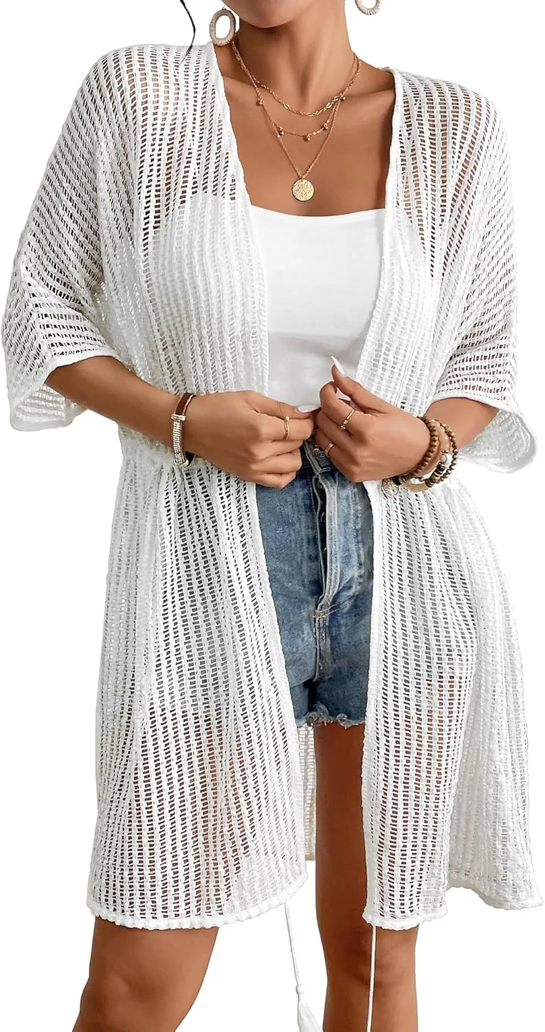 Bsubseach Crochet Kimonos for Women Mesh Sexy Bathing Suit Cover Ups Open Front Beach Summer Outwear