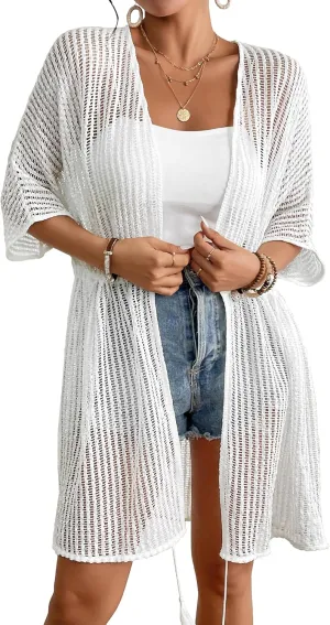 Bsubseach Crochet Kimonos for Women Mesh Sexy Bathing Suit Cover Ups Open Front Beach Summer Outwear