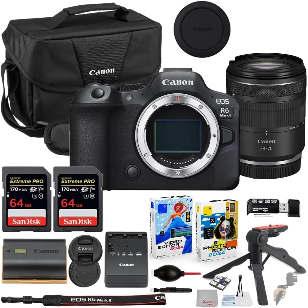 Canon EOS R6 Mark II Mirrorless Camera with RF 28-70mm STM Lens Bundle with Canon 200ES EOS Shoulder Bag   2X 64GB Extreme Memory Cards   Accessory Kit