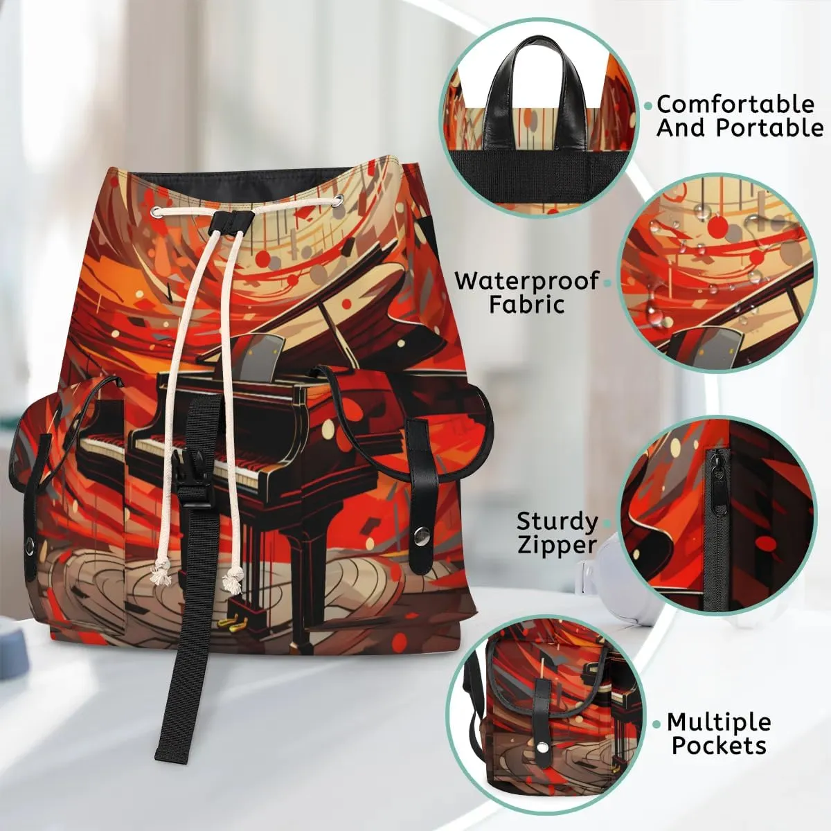 Canvas Laptop Backpack, Music Laptop Backpacks Rucksack for Men Women, Travel Work Rucksack High Capacity Vintage Backpack, Piano Art