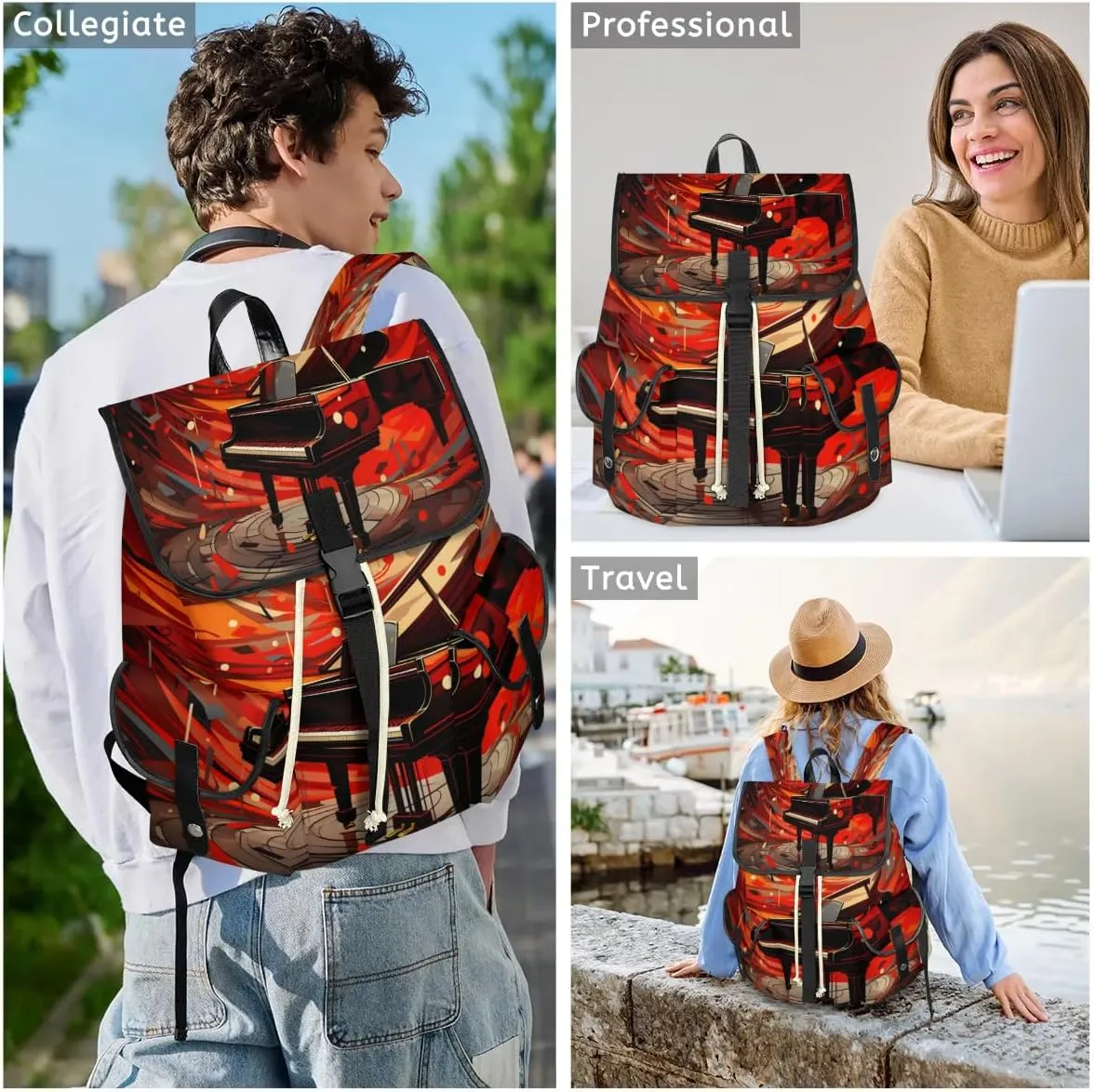 Canvas Laptop Backpack, Music Laptop Backpacks Rucksack for Men Women, Travel Work Rucksack High Capacity Vintage Backpack, Piano Art