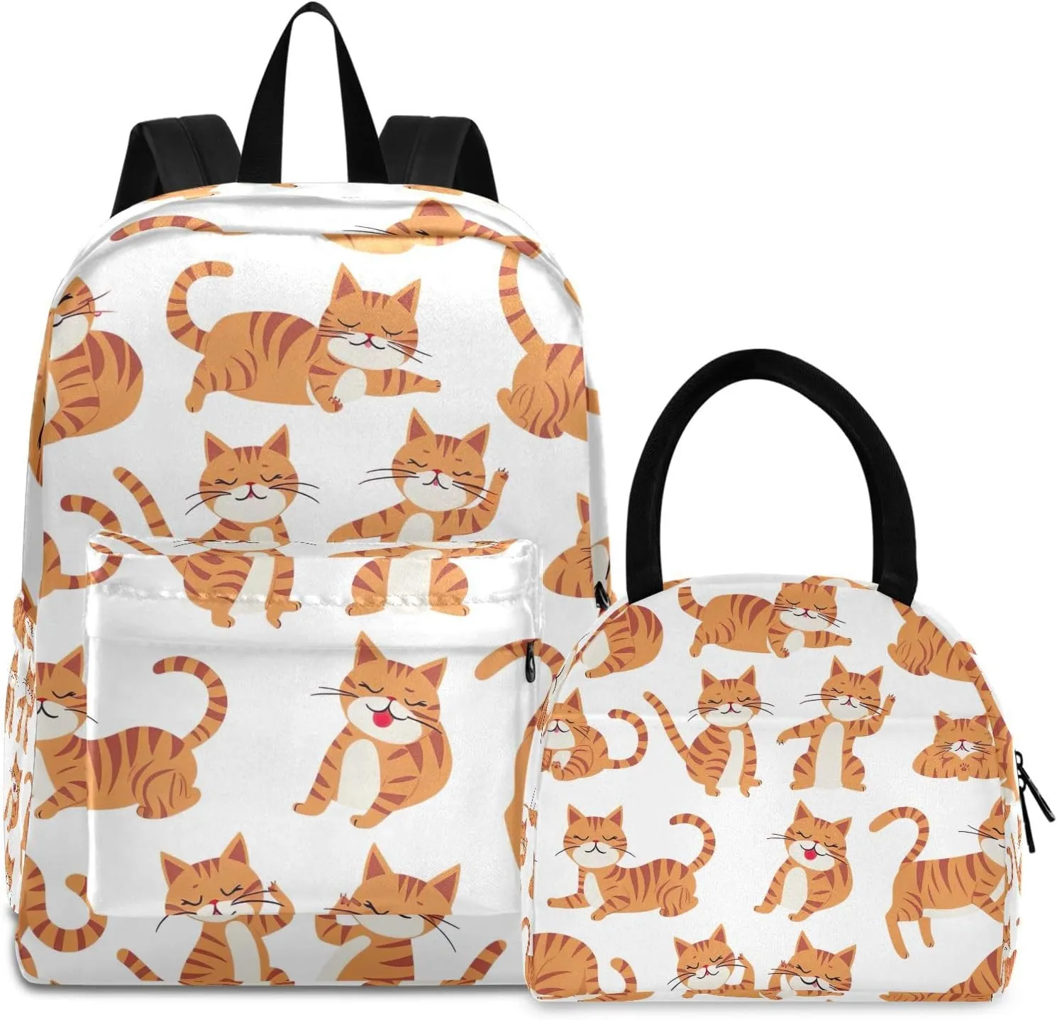 Cartoon Orange Cats White Backpacks and Lunchboxes Cooler Bag Insulated Waterproof, Girls Bookbags with Lunch Box