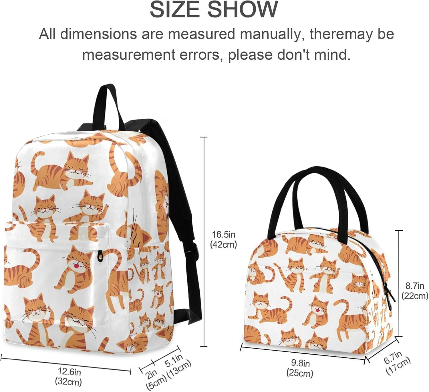 Cartoon Orange Cats White Backpacks and Lunchboxes Cooler Bag Insulated Waterproof, Girls Bookbags with Lunch Box