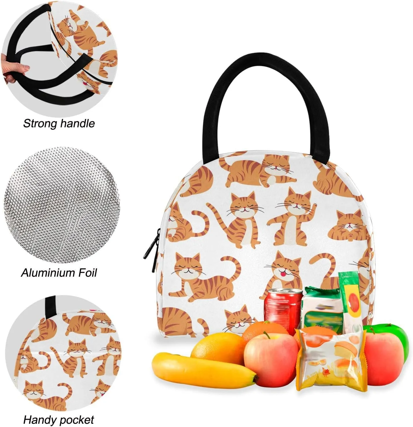 Cartoon Orange Cats White Backpacks and Lunchboxes Cooler Bag Insulated Waterproof, Girls Bookbags with Lunch Box