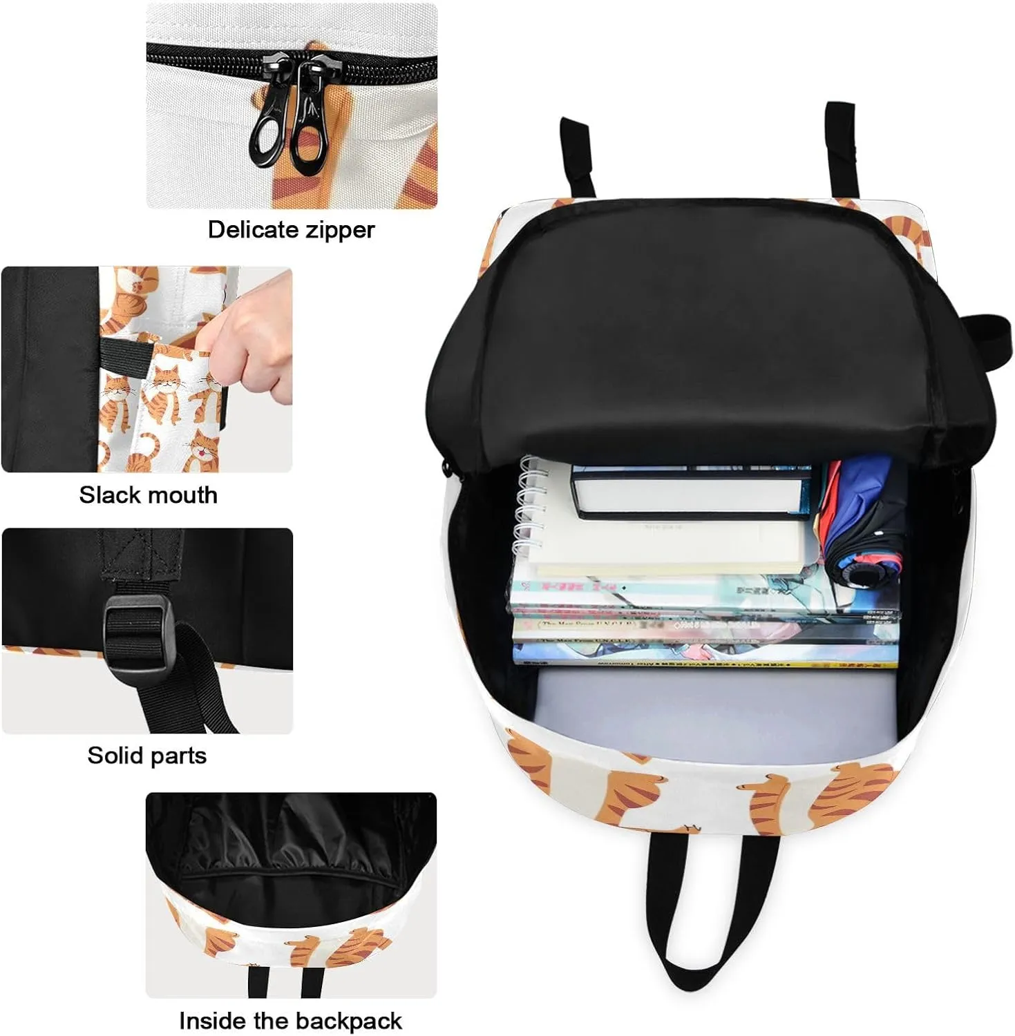 Cartoon Orange Cats White Backpacks and Lunchboxes Cooler Bag Insulated Waterproof, Girls Bookbags with Lunch Box