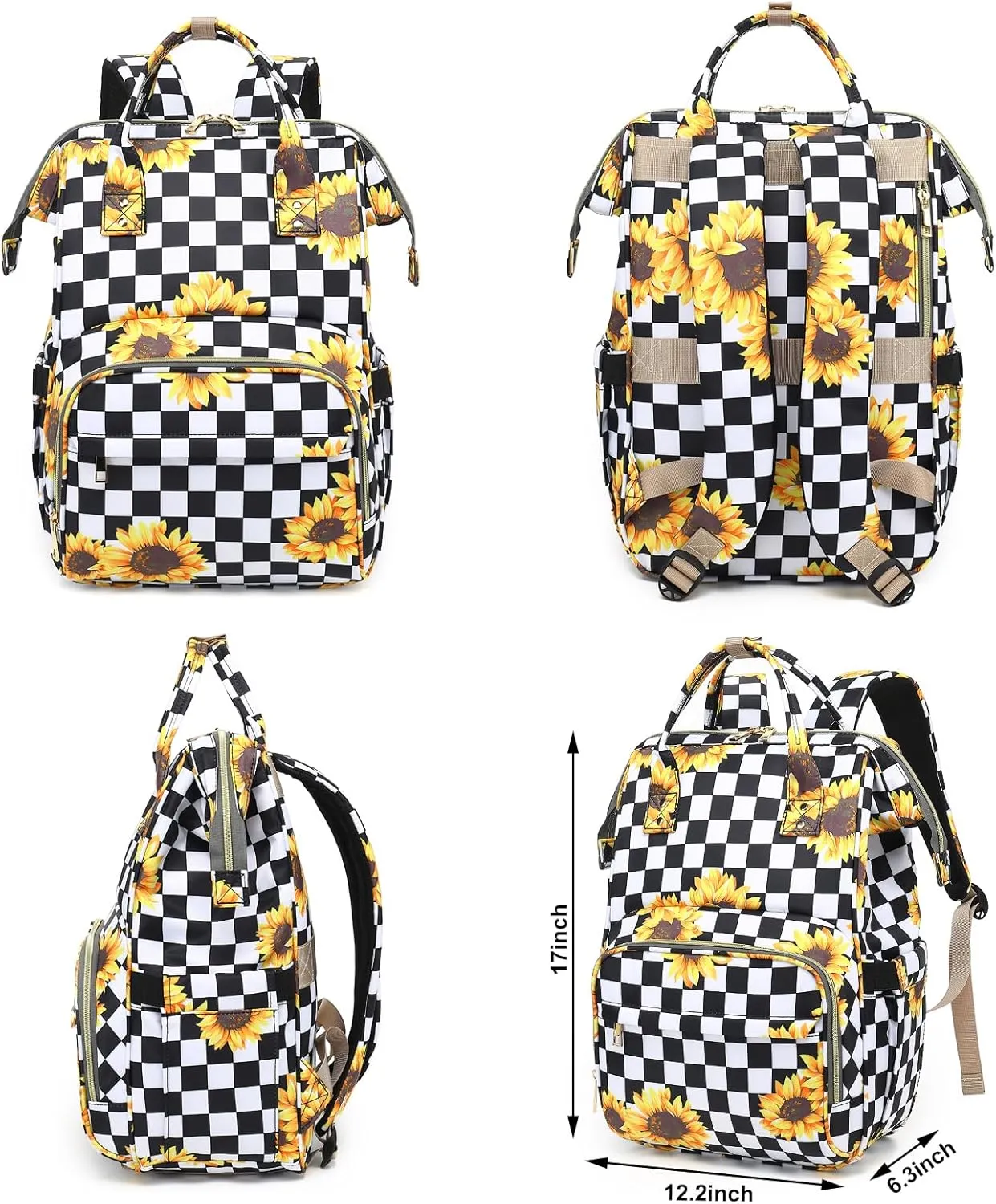 Checkered Sunflower Lunch Backpack for Women, Insulated Cooler Work Business Laptop Backpacks Girls School Backpack College Bookbags