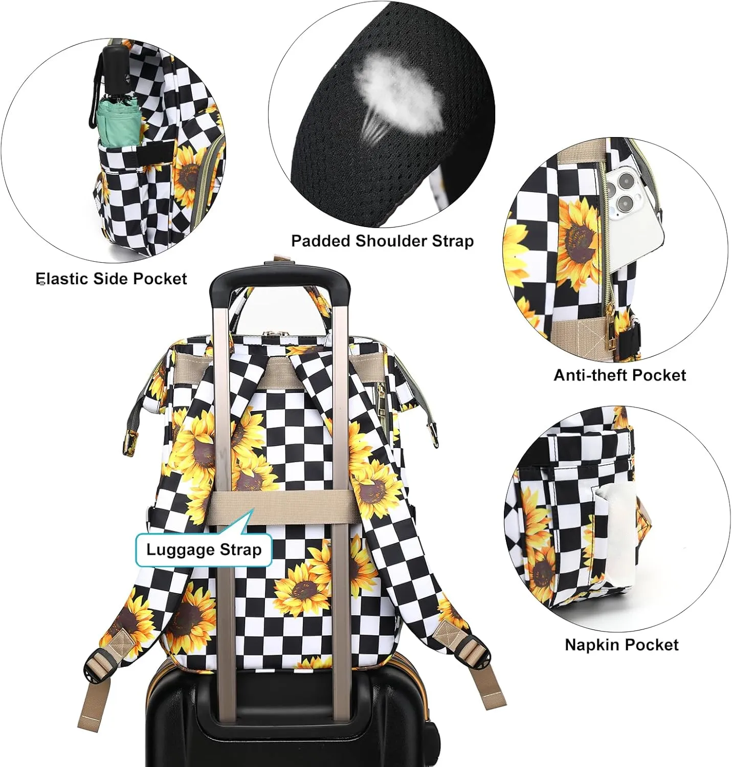 Checkered Sunflower Lunch Backpack for Women, Insulated Cooler Work Business Laptop Backpacks Girls School Backpack College Bookbags