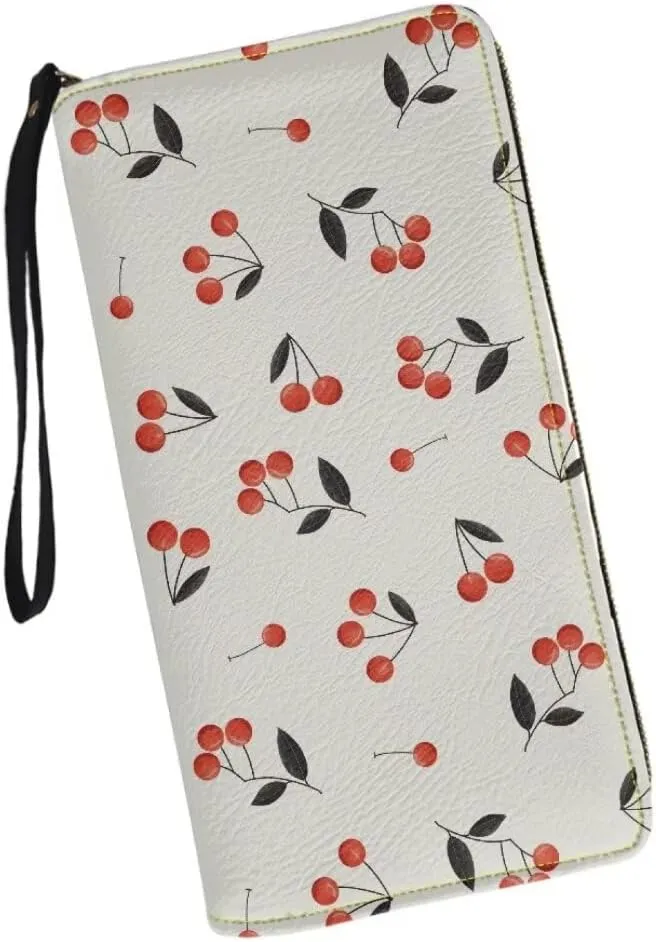 Cherry Leather Wallet for Women Waterproof Zip Around Clutch Travel Purse Large Capacity Cute Card Case Money Clips