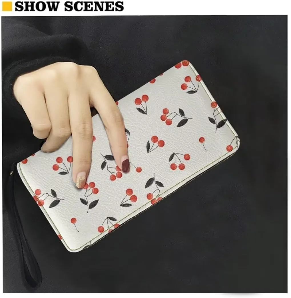 Cherry Leather Wallet for Women Waterproof Zip Around Clutch Travel Purse Large Capacity Cute Card Case Money Clips
