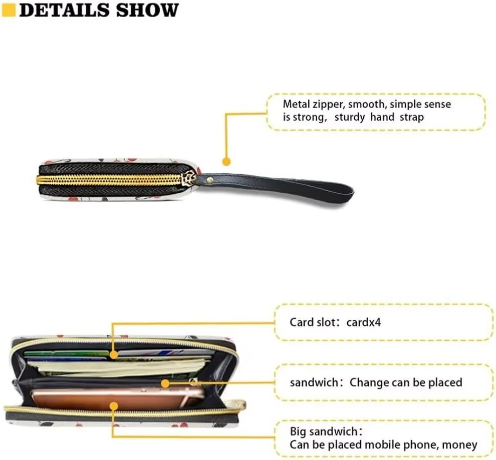 Cherry Leather Wallet for Women Waterproof Zip Around Clutch Travel Purse Large Capacity Cute Card Case Money Clips