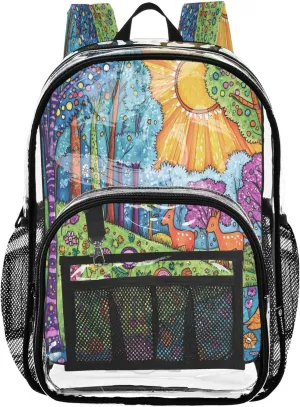 CHIFIGNO Colorful Tree Floral Garden Backpack for Girls, Clear Plastic Bags, Clear Bag, Kids Backpacks for Boys