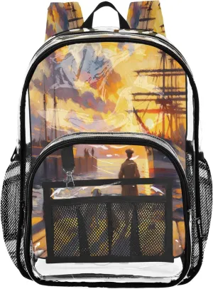 CHIFIGNO Impressionist Harbor Sunset Boys Backpack, Clear Plastic Bag, Transparent School Bag, Kids Backpacks for Girls