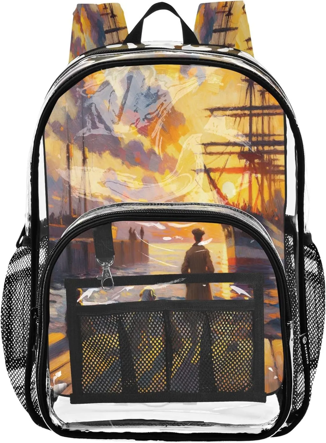 CHIFIGNO Impressionist Harbor Sunset Boys Backpack, Clear Plastic Bag, Transparent School Bag, Kids Backpacks for Girls