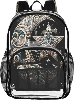 CHIFIGNO Ornate Crescent Star Black School Backpacks for Girls, Clear Plastic Bag, Book Bag, Clear Bookbag