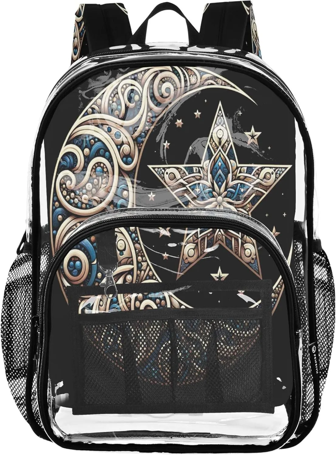 CHIFIGNO Ornate Crescent Star Black School Backpacks for Girls, Clear Plastic Bag, Book Bag, Clear Bookbag